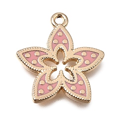 Pink Alloy with Enamel Pendants, Flower Charms, Rack Plating, Golden, Pink, 19.5x18x1.5mm, Hole: 1.6mm
