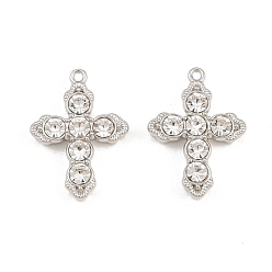 Platinum Alloy with Crystal Rhinestone Pendants, Cross Charms, Rack Plating, Platinum, 20x14.5x4mm, Hole: 1mm