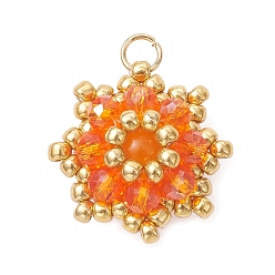 Оранжевый Подвески из окрашенного натурального малазийского нефрита и гальванически покрытых стеклянных бусин., Подвески в виде подсолнухов с 304 соединительными кольцами из нержавеющей стали, золотые, оранжевые, 17x17x9 мм, отверстие : 3 мм