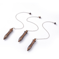 Тигровый глаз Природные маятники с заостренным кончиком тигрового глаза, с латунным кабельных цепей, пуля, 238~255 мм, отверстие : 2.5 мм, подвески: 53x12 мм