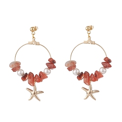 Natural Agate Natural Agate Chip Beads Dangle Stud Earrings, Rround Shell Pearl Beaded Ring with Starfish Long Drop Earrings for Women, Golden, 60mm, Pin: 0.7mm, Beads: 7~12x5~10.5x2~6mm, Star: 17.5x15x2mm