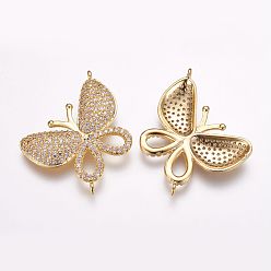 Golden Brass Micro Pave Cubic Zirconia Links, Butterfly, Golden, 31x25.5x3.5mm, Hole: 1mm
