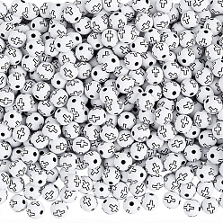 White 600Pcs Opaque Acrylic Beads, Round with Cross, White, 10x9.5mm, Hole: 2mm