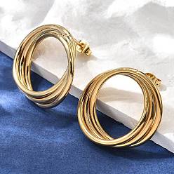 Золотой 201 из нержавеющей стали серьги, с 304 штифтов из нержавеющей стали, вакуумное покрытие pvd, плоско-круглые, золотые, 25x29 мм