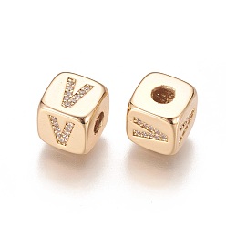 Letter V Brass Micro Pave Cubic Zirconia Beads, Horizontal Hole, Real 18K Gold Plated, Long-Lasting Plated, Cube with Letter, Clear, Letter.V, 9x9x9mm, Hole: 3.5mm