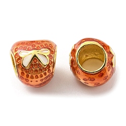 Coral Christmas Brass Enamel European Beads, Large Hole Beads, Lead Free & Cadmium Free, Bowknot Pattern, Real 18K Gold Plated, Coral, 9x9x9mm, Hole: 5mm