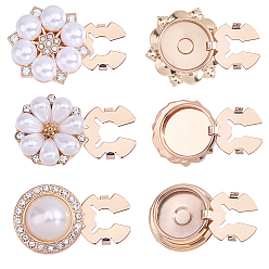 Golden 6Pcs 3 Styles Flat Round & Flower Alloy Resin Cufflinks, Shawls and Capes Buckles, for Garment Accessories, with Rhinestone, Golden, 18.5~26x12~13mm, Hole: 4~5mm, 2pcs/style