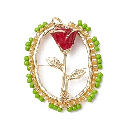 Лайм Овальные стеклянные бусины с подвесками в виде роз, с подвеской из сплава эмали и настоящим 18k золотом 304 из нержавеющей стали с открытыми соединительными кольцами, желто-зеленые, 33.5x28.5x9 мм, отверстие : 3.5 мм