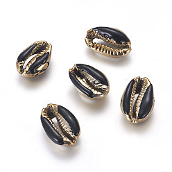 Black Electroplated Cowrie Shell Beads, with Enamel, Undrilled/No Hole Beads, Golden, Black, 18~22x13~15x7~8mm