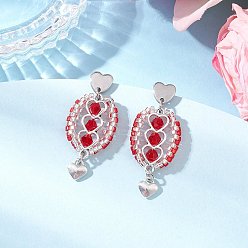 Красный 304 серьги-гвоздики из нержавеющей стали с ограненными биконусными стеклянными бусинами, с тибетским типом сплава сердца, старинное серебро и серебро, красные, 43x16.5~19 мм