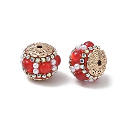 Red Brass & ABS Imitation Pearl & Resin & Alloy Beads, Round with Flower, Red, 16.5x19mm, Hole: 2mm