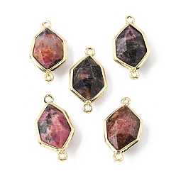 Родонит Подвески с граненым соединителем из натурального родонита, латунные шестигранные звенья, золотые, стойки покрытие, 25x13x6.5 мм, отверстие : 1.6 мм