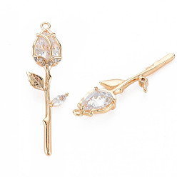 Clear Brass Micro Pave Cubic Zirconia Pendants, Nickel Free, Real 18K Gold Plated, Rose Flower, Clear, 29x9x5mm, Hole: 1mm