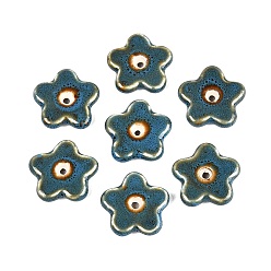 Steel Blue Vintage Handmade Porcelain Beads, Fancy Antique Glazed Porcelain, Flower, Steel Blue, 28~29x29~30x5.5~6.5mm, Hole: 1.8~3.5mm