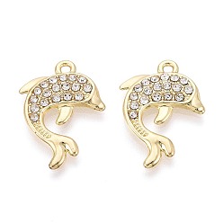 Light Gold Подвески из сплава и хрустальных страз, прелести дельфинов, золотой свет, 25x18x2.5~3 мм, отверстие : 1.8 мм
