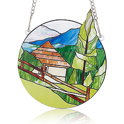Yellow Acrylic Pendant Decorations, Hanging Sun Catcher, with Iron Chains and Clasps, Flat Round with Montain & Forest, Yellow