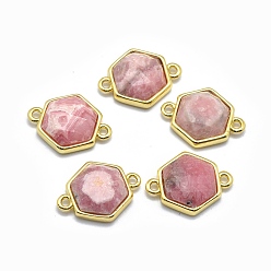 Rhodochrosite Natural Rhodochrosite Links connectors, with Golden Tone Brass Findings, Hexagon, Faceted, 12x16x5mm, Hole: 1.2mm