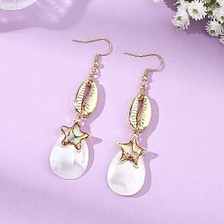 Golden Teardrop Natural Trochid Shell/Trochus Shell Dangle Earrings, Star Brass Enamel & Alloy Cowrie Shape Earrings, with 304 Stainless Steel Hooks, Golden, 74x18mm
