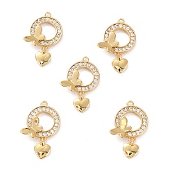 Настоящее золото 18K Латунные микро проложить кубического циркония подвески, долговечный, без кадмия и без свинца, кольцо с бабочкой и сердцем, реальный 18 k позолоченный, 22x15x2.5 мм, отверстие : 1.2 мм