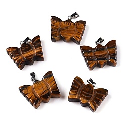 Тигровый глаз Подвески-бабочки из натурального тигрового глаза с резьбой, подвески насекомые с металлическими застежками с платиновым покрытием на дужках, 19~20x24~25.5x6.5~7 мм, застежка : 6.5x3x3.5~4 mm