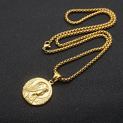 Golden Religion 304 Stainless Steel Embossed Virgin Round Medal Pendant Necklaces for Men, Golden, 23.62 inch(60cm)