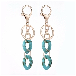 Medium Turquoise Acrylic & Aluminum Keychain, with Alloy Keychain Clasp and Iron Rings, Imitation Gemstone Style, Curb Chains Shape, Golden, Medium Turquoise, 126mm