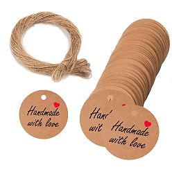 BurlyWood Kraft Paper Gift Tags, Hange Tags, with Hemp Rope, for Arts, Crafts and Food, Flat Round with Word Handmade with Love, BurlyWood, Tag: 3cm, about 101pcs/bag