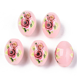 Pink Printed & Spray Painted Imitation Jade Glass Beads, Oval with Floral Pattern, Pink, 13.5~15x10mm, Hole: 1.6mm