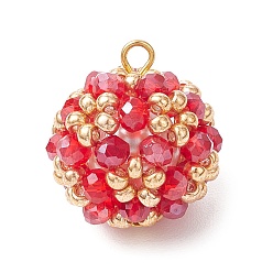 Красный Подвески из гальванического стекла, круглых рокайль и стеклянных бусин-жемчужин, круглые, красные, 23.5x21 мм, отверстие : 2 мм