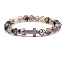 Ágata Normal Pulseras elásticas redondas de ágata natural (teñidas y calentadas) de 8 mm con cruz de hematita sintética no magnética, negro, 7.48 pulgada (19 cm)