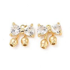 Real 18K Gold Plated Rack Plating Brass Pendants, with Clear Glass, Bowknot Charms, Real 18K Gold Plated, 14x13x4mm, Hole: 1.4mm