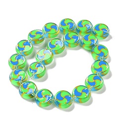 Зеленый Стеклянные бусины, бусины ручной работы, с эмалью, плоско-круглые, зелёные, 17x7 мм, отверстие : 1.5 мм, около 19 шт / нитка, 12.60 дюйм (32 см)