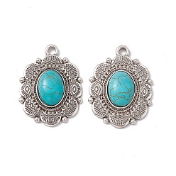 Antique Silver Synthetic Turquoise Pendants, Oval Charms, with Rack Plating Alloy Findings, Antique Silver, 34x25x7mm, Hole: 2.5mm