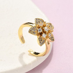 Настоящее золото 18K Кольца из латуни с микропаве, прозрачные кольца с кубическим цирконием, без кадмия и без свинца, цветок, реальный 18 k позолоченный, внутренний диаметр: регулируемый