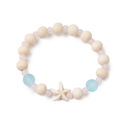 Морская звезда Браслеты из синтетической бирюзы, дерева и стеклянных бусин для мальчиков и девочек, морская звезда, внутренний диаметр: 1-3/4 дюйм (4.4 см), звезды: 14~15x14~15 мм