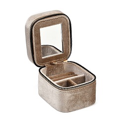 Розово-Коричневый Мини-прямоугольные бархатные шкатулки для хранения украшений на молнии с зеркалом внутри, Портативный дорожный футляр для ювелирных изделий для хранения колец, серег, браслетов, розово-коричневый, 8.7x10.5x7.8 см