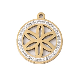 Настоящее золото 18K Стабилизированный свежий цветок 304 подвески из нержавеющей стали со стразами, плоско-круглые, реальный 18 k позолоченный, 25x21x2 мм, отверстие : 2 мм