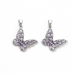 Platinum Brass Lilac Cubic Zirconia Pendants, Nickel Free, Butterfly, Real Platinum Plated, 14x17x2.5mm, Hole: 5x3mm