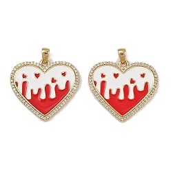 Красный Латунные микро проложить кубического циркония подвески, сердце, с эмалью, стойки покрытие, долговечный, без кадмия и без свинца, реальный 18 k позолоченный, красные, 23x25x2 мм, отверстие : 4x2.5 мм