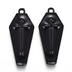 Черный Подвески из сплава с эмалью на тему Хэллоуина, черный гроб с крестом, чёрные, 25.5x11x3 мм, отверстие : 1.2 мм