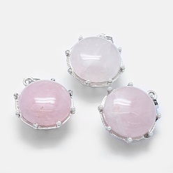 Rose Quartz Natural Rose Quartz Pendant, with Acrylic Pearl and Alloy Findings, Flat Round, Platinum, 27x24x15~15.5mm, Hole: 3.5x6mm