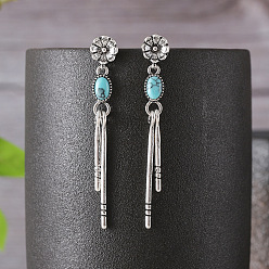 Античное Серебро Серьги-гвоздики из сплава и синтетической бирюзы, цветок, античное серебро, 50x5 мм