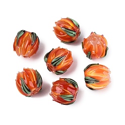 Orange Red Handmade Lampwork Beads, Tulip with Leaf, Orange Red, 13~15x12~14x12~14mm, Hole: 1~1.6mm