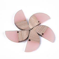 Pink Resin & Wood Semi Circle Pendants, Half Round, Pink, 14x28x3~3.5mm, Hole: 2mm