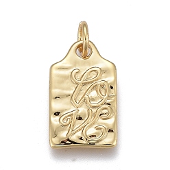 Real 18K Gold Plated Brass Pendants, with Jump Rings, for Valentine's Day, Long-Lasting Plated, Rectangle with Word Love, Real 18K Gold Plated, 16x10x1mm, Hole: 3mm