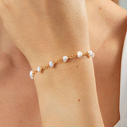 Белый Элегантные браслеты из натурального пресноводного жемчуга с бусинами для женщин, овальные, белые, внутренний диаметр: 7-1/8 дюйм (18 см)