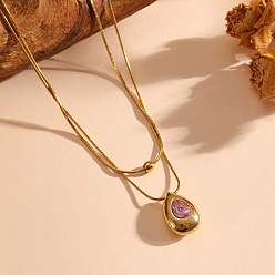 Teardrop 304 Stainless Steel Pave Pearl Pink Cubic Zirconia Teardrop Pendant Double Layer Necklaces for Women, Golden, Teardrop, 15.75 inch(40cm), Pendant: 18.3x13mm