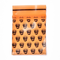 Orange PE-Gefrierbeutel mit Reißverschluss für Halloween, wiederverschließbare kleine Schmuckaufbewahrungstaschen, selbstdichtende Beutel, Top-Dichtung, Rechteck mit Totenkopf-Muster, orange, 4x3 cm, einseitige Dicke: 0.2 mm, ca. 90~100 Stk. / Beutel