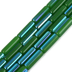 Green Electroplate Imitation Jade Glass Beads Strands, Tube, Rainbow Plated, Half Plated, Green, 13~13.5x4~4.5mm, Hole: 0.5~0.8mm, about 27~30pcs/strand, 13.98~15.75 inch(35.5~40cm)