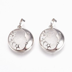 Хрусталь Природного кварца хрустальных подвесок, с латунной фурнитурой , плоские круглые со звездой, платина, 27x23x6.5 мм, отверстие : 5x8 мм
